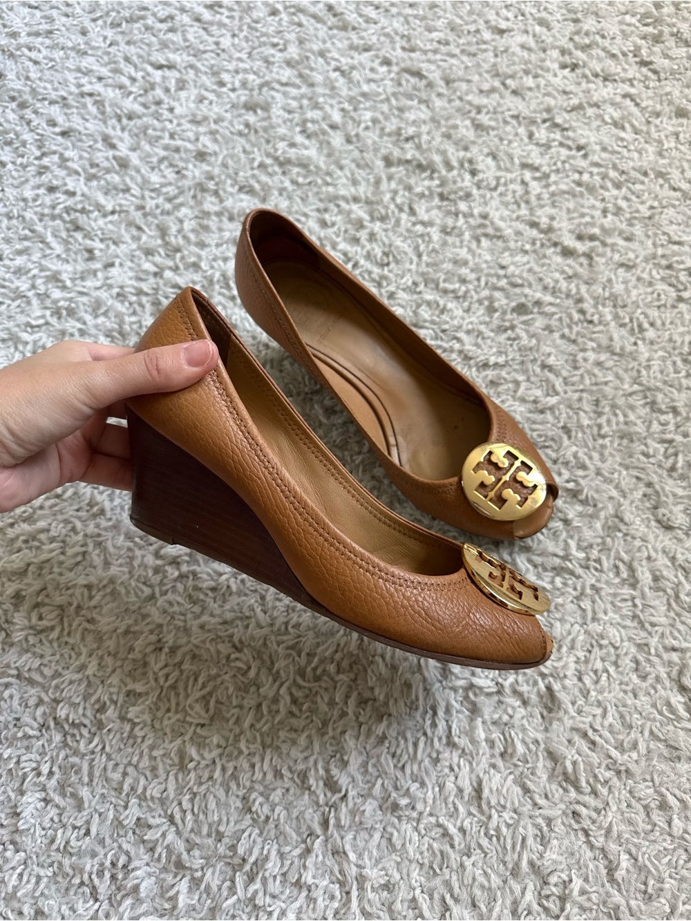 Tory Burch Tan Leather Wedge Pumps with Gold Logo